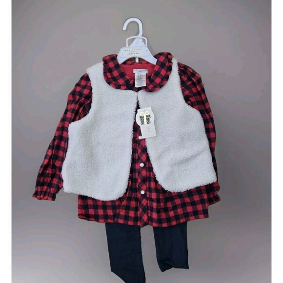 NWT Max Studio 3pc Holiday Outfit Flannel Shirt Vest & Leggings Sz 3-4 Years Old - Picture 1 of 4